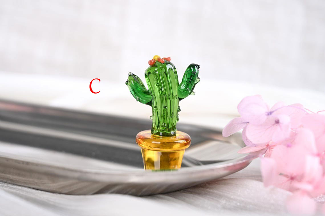 Handmade Glass Cactus Figurine | Mini Plant Desk Decor