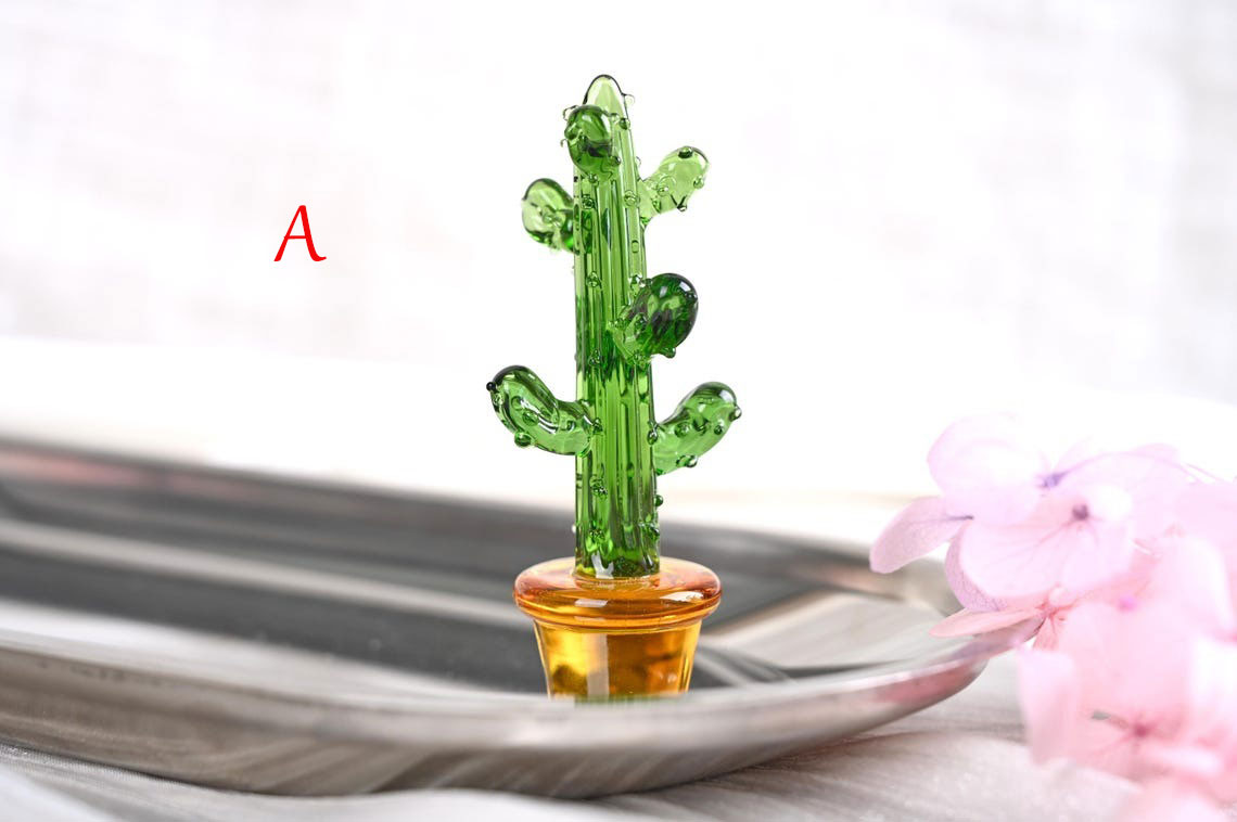 Handmade Glass Cactus Figurine | Mini Plant Desk Decor