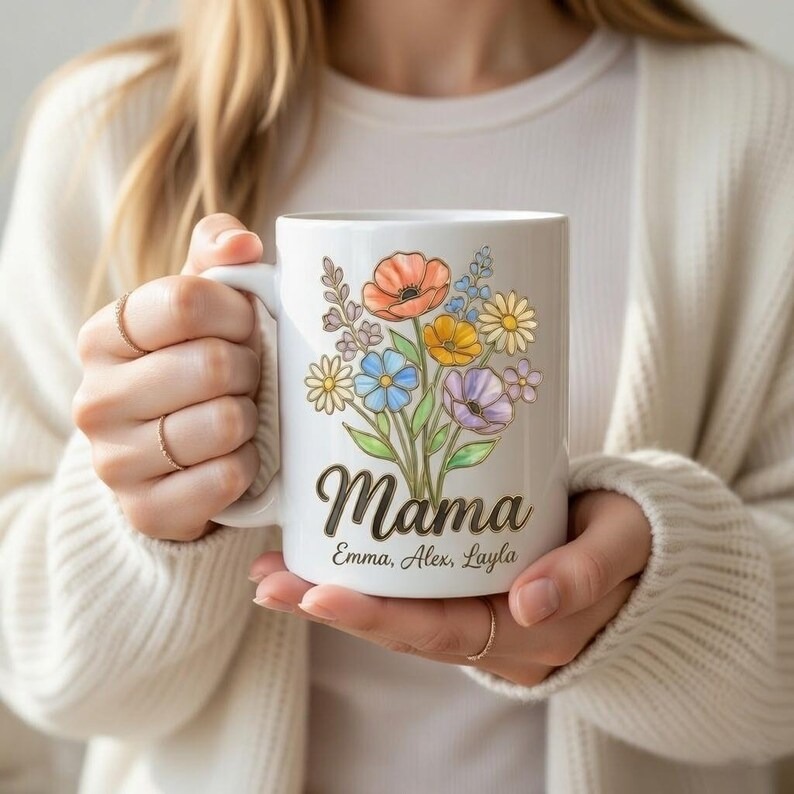 Personalized Mama Mug with Kids Names, Birth Flower Mom Mug, Custom Coffee Mug, Mother’s Day Gift for Mom