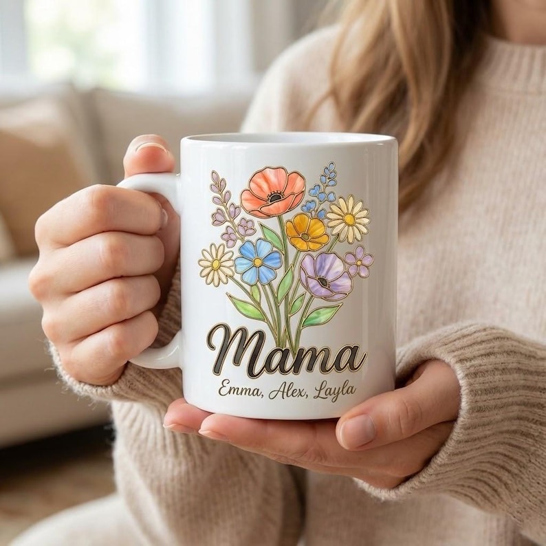 Personalized Mama Mug with Kids Names, Birth Flower Mom Mug, Custom Coffee Mug, Mother’s Day Gift for Mom