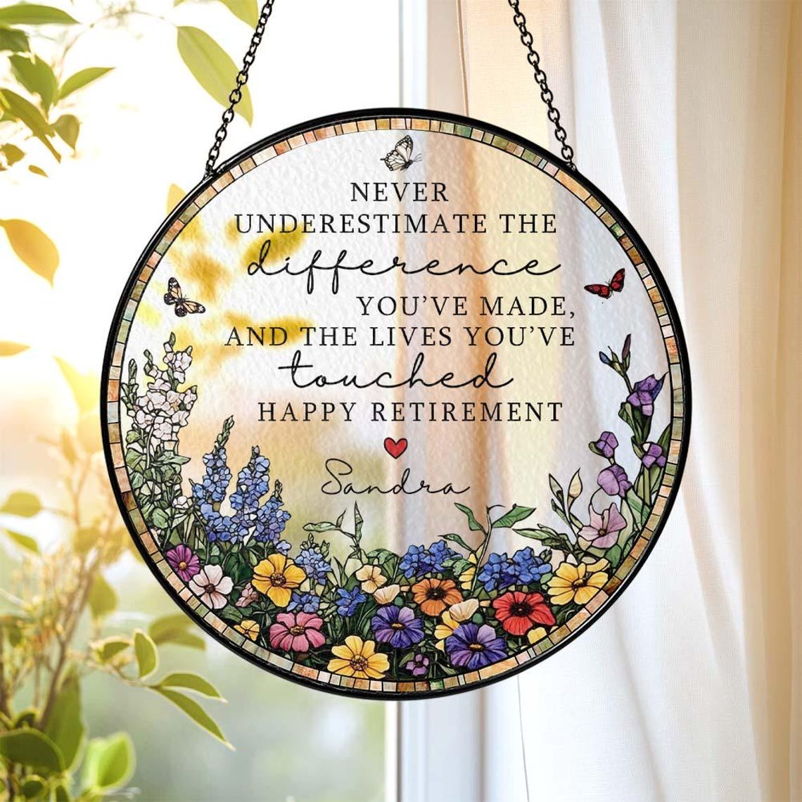 Stained Glass Retirement Suncatcher Personalized Floral Retirement Window Decor, Colleague Retirement Keepsake, Retired Coworker