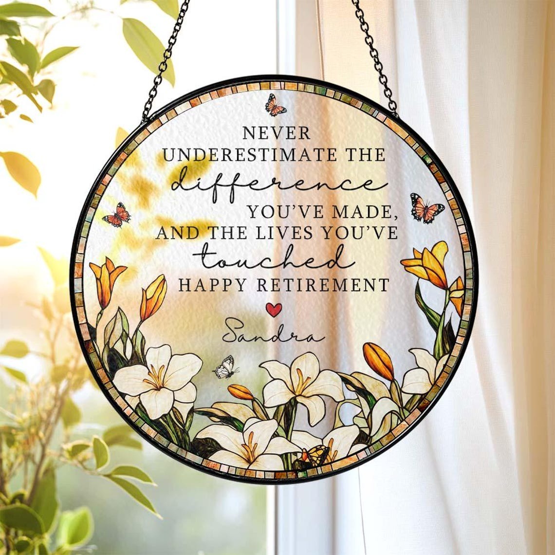 Stained Glass Retirement Suncatcher Personalized Floral Retirement Window Decor, Colleague Retirement Keepsake, Retired Coworker