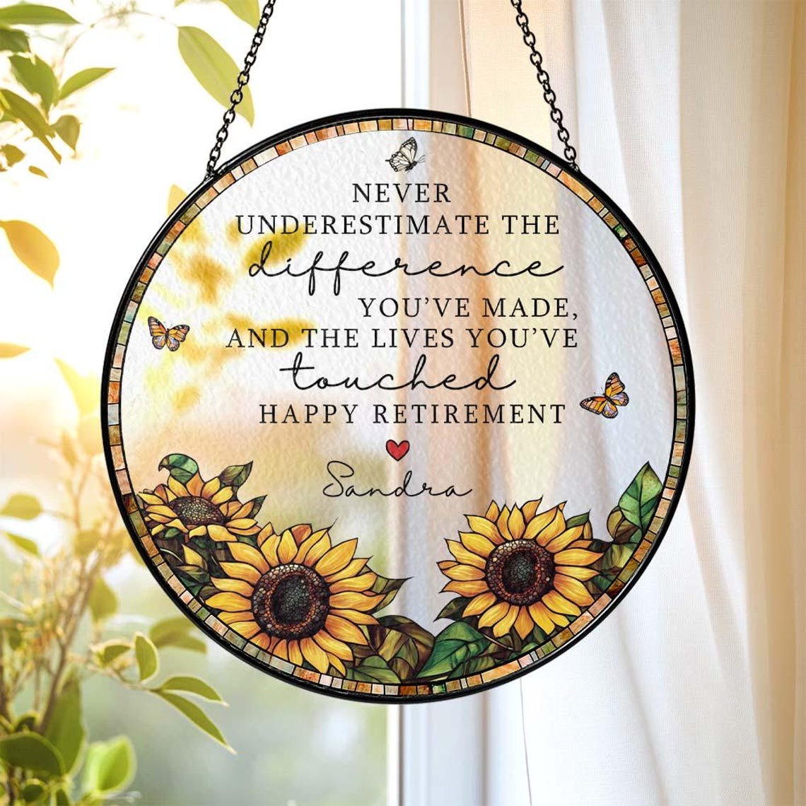 Stained Glass Retirement Suncatcher Personalized Floral Retirement Window Decor, Colleague Retirement Keepsake, Retired Coworker