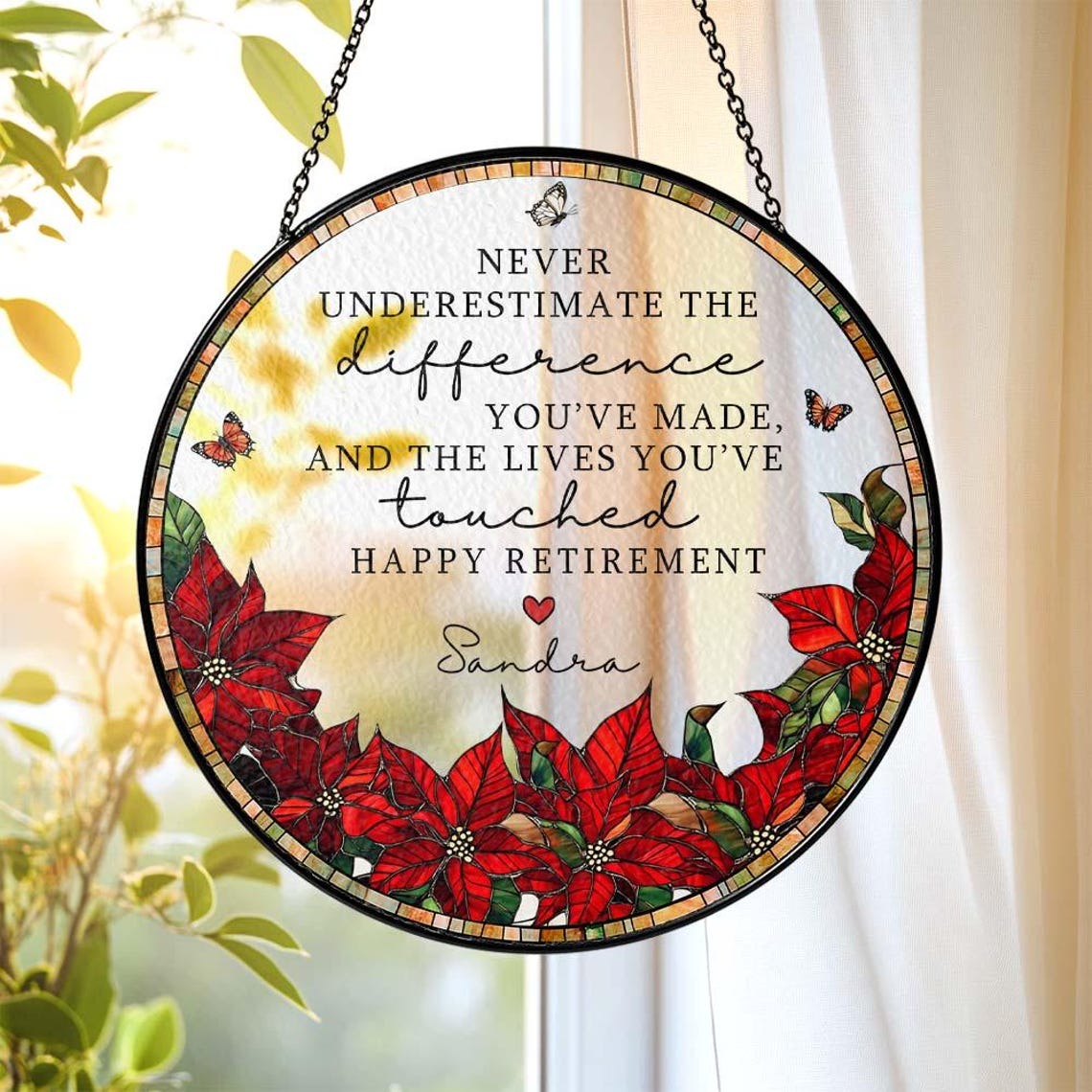 Stained Glass Retirement Suncatcher Personalized Floral Retirement Window Decor, Colleague Retirement Keepsake, Retired Coworker