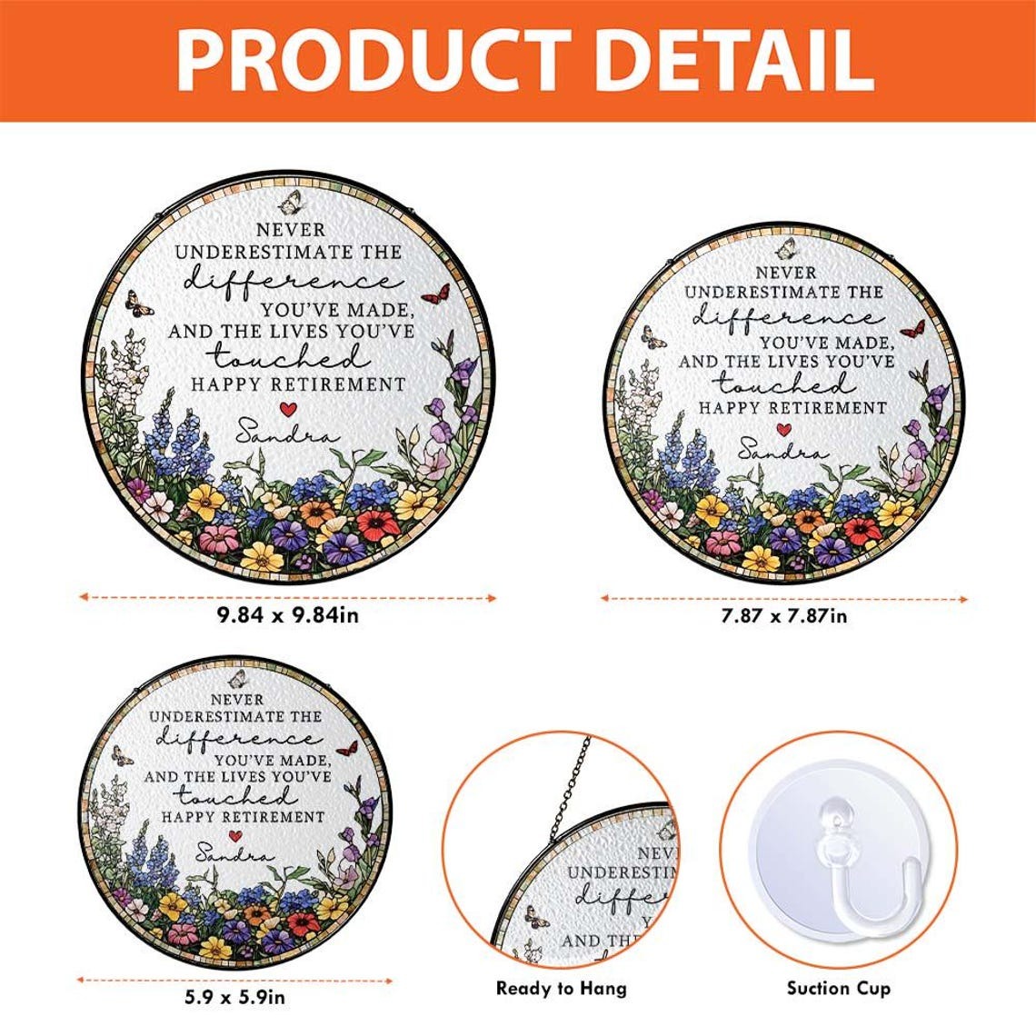 Stained Glass Retirement Suncatcher Personalized Floral Retirement Window Decor, Colleague Retirement Keepsake, Retired Coworker