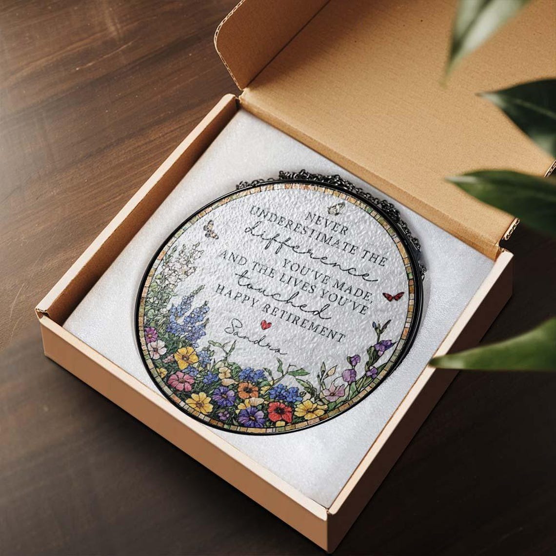 Stained Glass Retirement Suncatcher Personalized Floral Retirement Window Decor, Colleague Retirement Keepsake, Retired Coworker