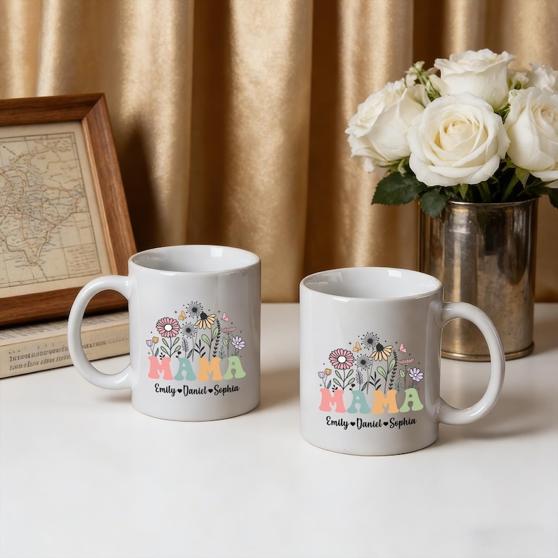 Personalized Mama Mug with Kids Names, Floral Mama Coffee Mug, Mother’s Day Gift, Birthday Gift for Mom