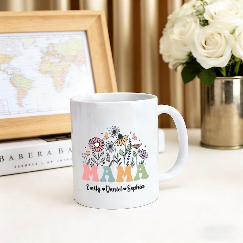 Personalized Mama Mug with Kids Names, Floral Mama Coffee Mug, Mother’s Day Gift, Birthday Gift for Mom