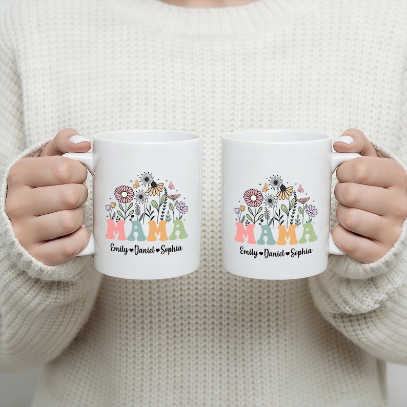 Personalized Mama Mug with Kids Names, Floral Mama Coffee Mug, Mother’s Day Gift, Birthday Gift for Mom