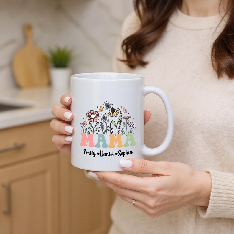Personalized Mama Mug with Kids Names, Floral Mama Coffee Mug, Mother’s Day Gift, Birthday Gift for Mom