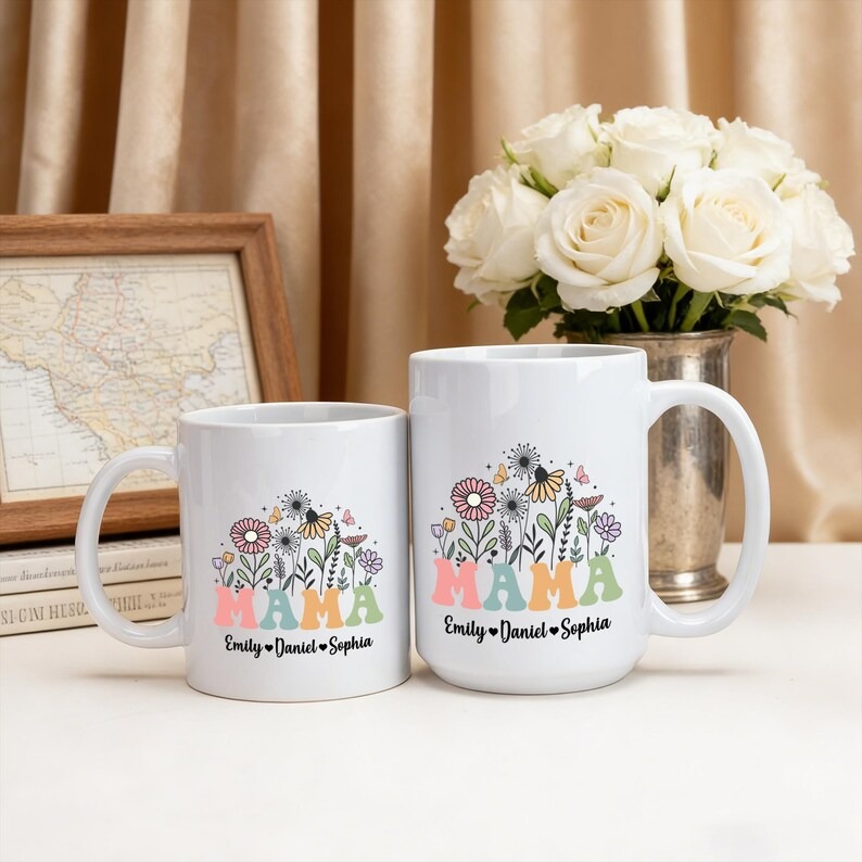Personalized Mama Mug with Kids Names, Floral Mama Coffee Mug, Mother’s Day Gift, Birthday Gift for Mom