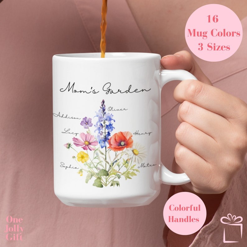 Personalized Birth Flower Mug for Mom – Custom Mom's Garden Bouquet Coffee Mug, Mother's Day Gift, Grandma Gift