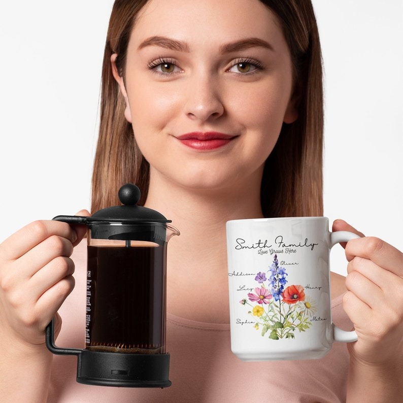 Personalized Birth Flower Mug for Mom – Custom Mom's Garden Bouquet Coffee Mug, Mother's Day Gift, Grandma Gift