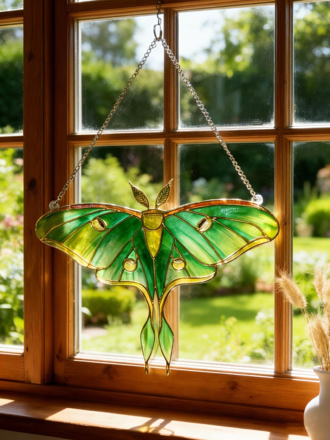 Green Moth Stained Glass Suncatcher, Handmade Nature Butterfly Window Hanging, Boho Sun Catcher Decor