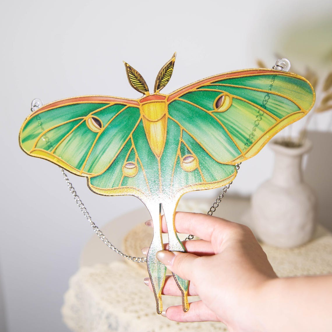 Green Moth Stained Glass Suncatcher, Handmade Nature Butterfly Window Hanging, Boho Sun Catcher Decor