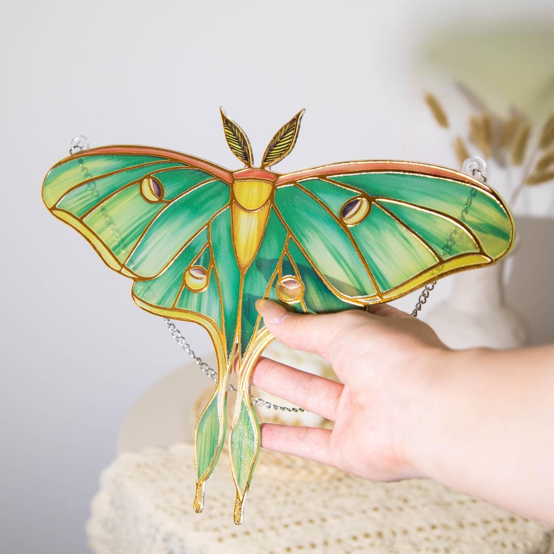 Green Moth Stained Glass Suncatcher, Handmade Nature Butterfly Window Hanging, Boho Sun Catcher Decor