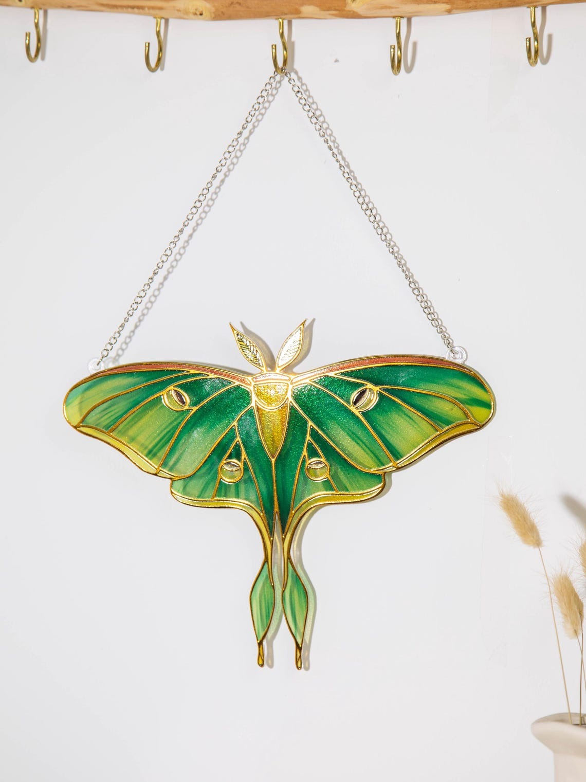 Green Moth Stained Glass Suncatcher, Handmade Nature Butterfly Window Hanging, Boho Sun Catcher Decor