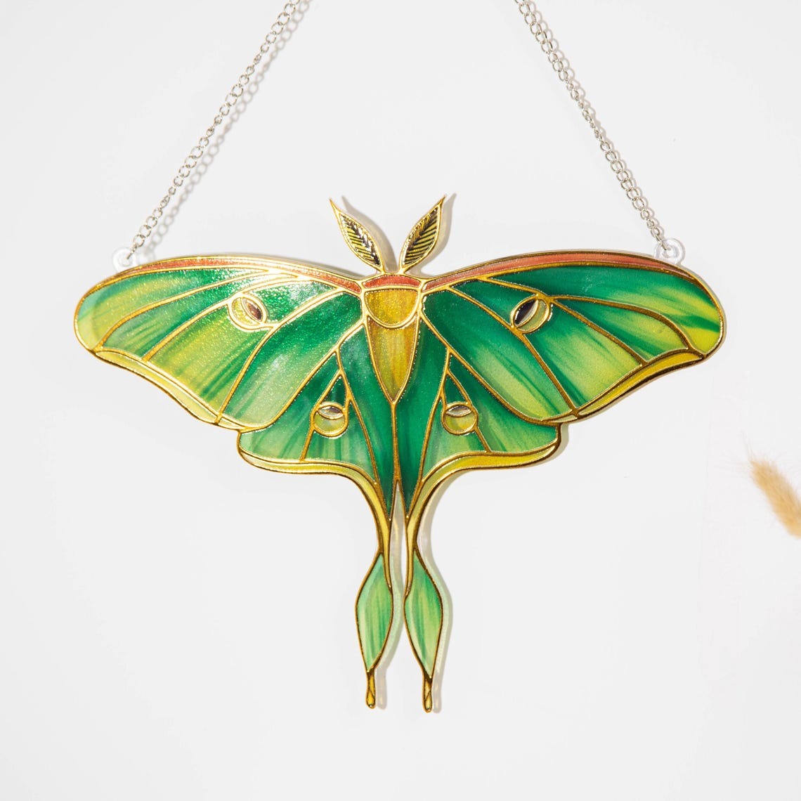 Green Moth Stained Glass Suncatcher, Handmade Nature Butterfly Window Hanging, Boho Sun Catcher Decor