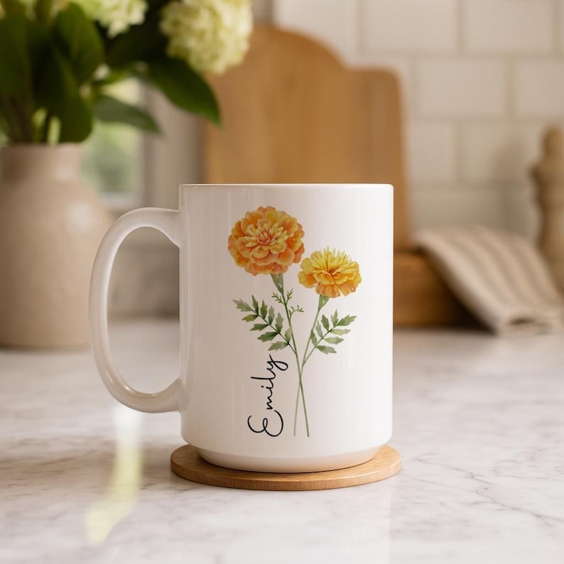Personalized Birth Flower Mug – Custom Birth Month Flower Coffee Cup, Mother's Day Gift for Mom, Birthday Gift for Her, Teacher Gift