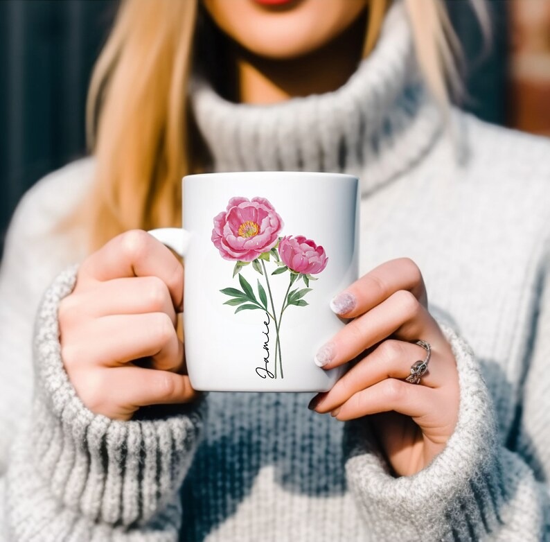 Personalized Birth Flower Mug – Custom Birth Month Flower Coffee Cup, Mother's Day Gift for Mom, Birthday Gift for Her, Teacher Gift