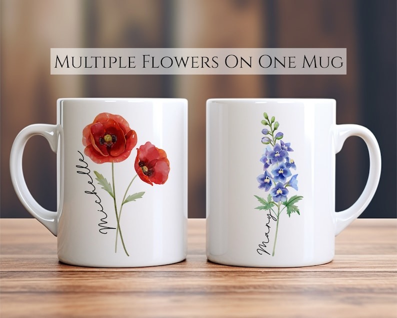 Personalized Birth Flower Mug – Custom Birth Month Flower Coffee Cup, Mother's Day Gift for Mom, Birthday Gift for Her, Teacher Gift