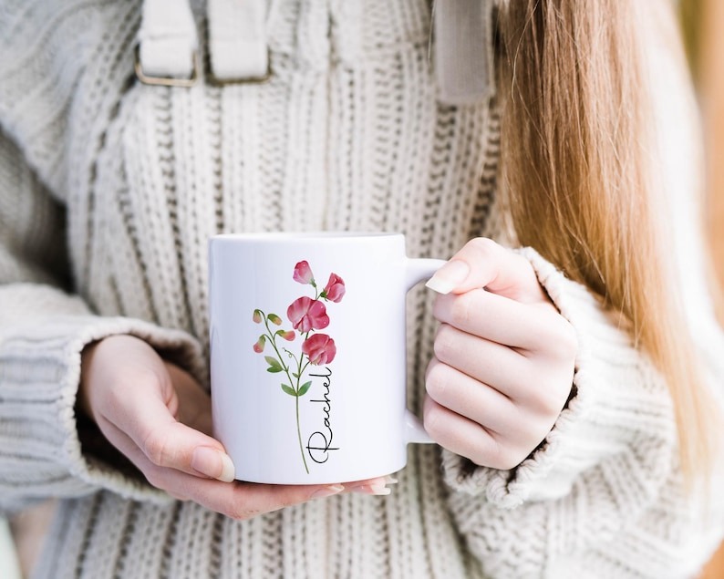 Personalized Birth Flower Mug – Custom Birth Month Flower Coffee Cup, Mother's Day Gift for Mom, Birthday Gift for Her, Teacher Gift