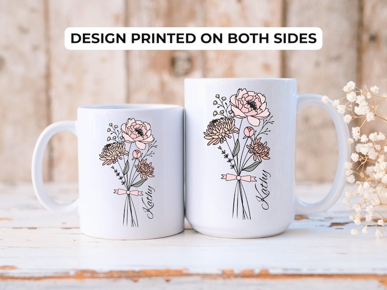 Personalized Birth Flower Mug – Coquette Floral Bouquet Coffee Mug, Custom Birth Month Flower Gift for Mom