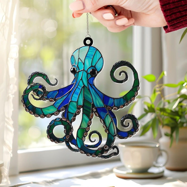 Blue Octopus Suncatcher Window Hanging Ornament, Acrylic Suncatcher Ornament Gift, Cool Suncather Windows, Custom Shape Suncatcher