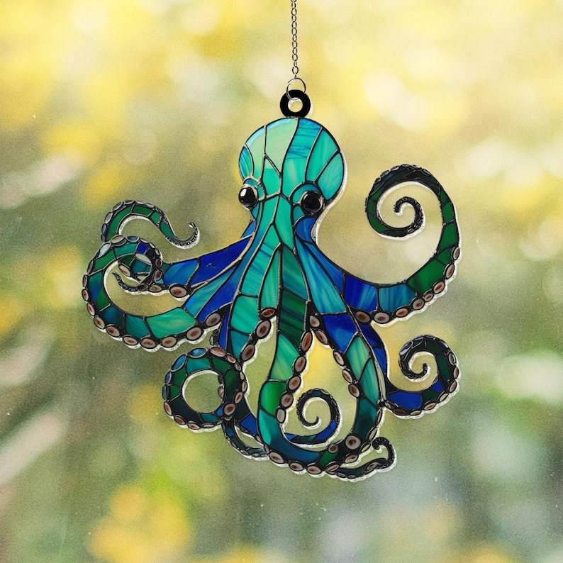 Blue Octopus Suncatcher Window Hanging Ornament, Acrylic Suncatcher Ornament Gift, Cool Suncather Windows, Custom Shape Suncatcher