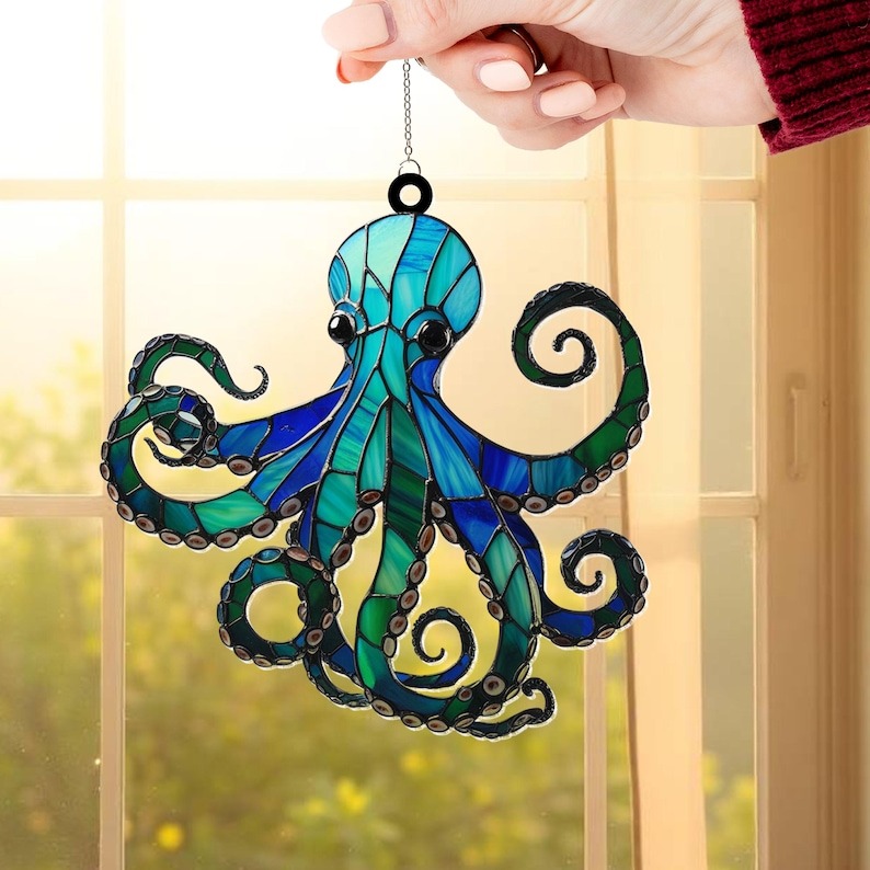 Blue Octopus Suncatcher Window Hanging Ornament, Acrylic Suncatcher Ornament Gift, Cool Suncather Windows, Custom Shape Suncatcher