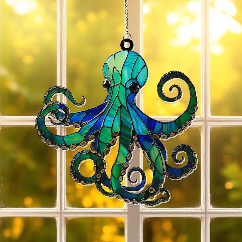 Blue Octopus Suncatcher Window Hanging Ornament, Acrylic Suncatcher Ornament Gift, Cool Suncather Windows, Custom Shape Suncatcher