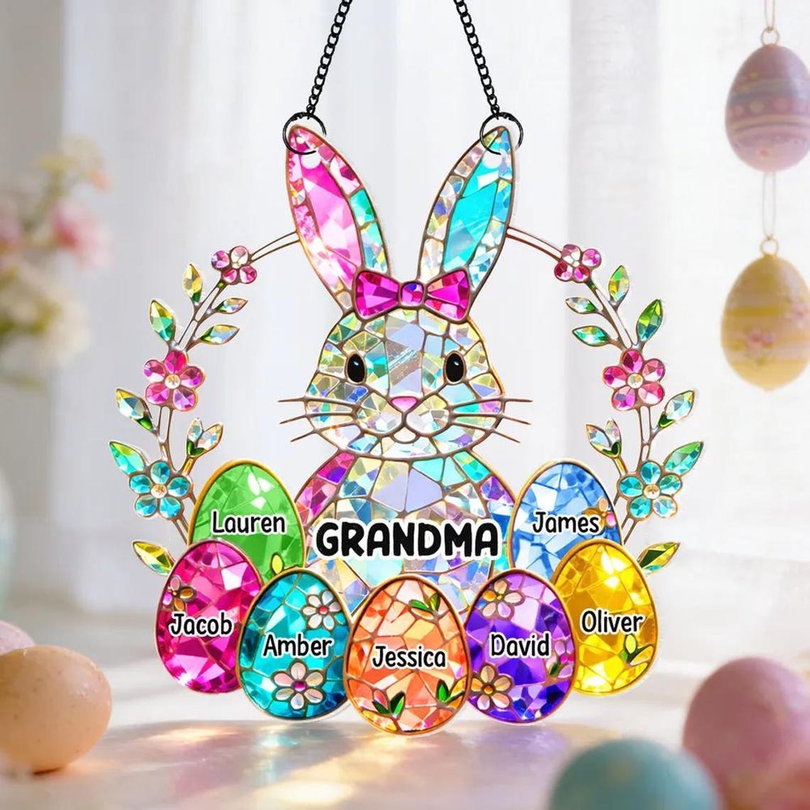 Bunny Grandma Easter Gift - Personalized Stained Glass Suncatcher Ornament - Easter Decor for Grandma