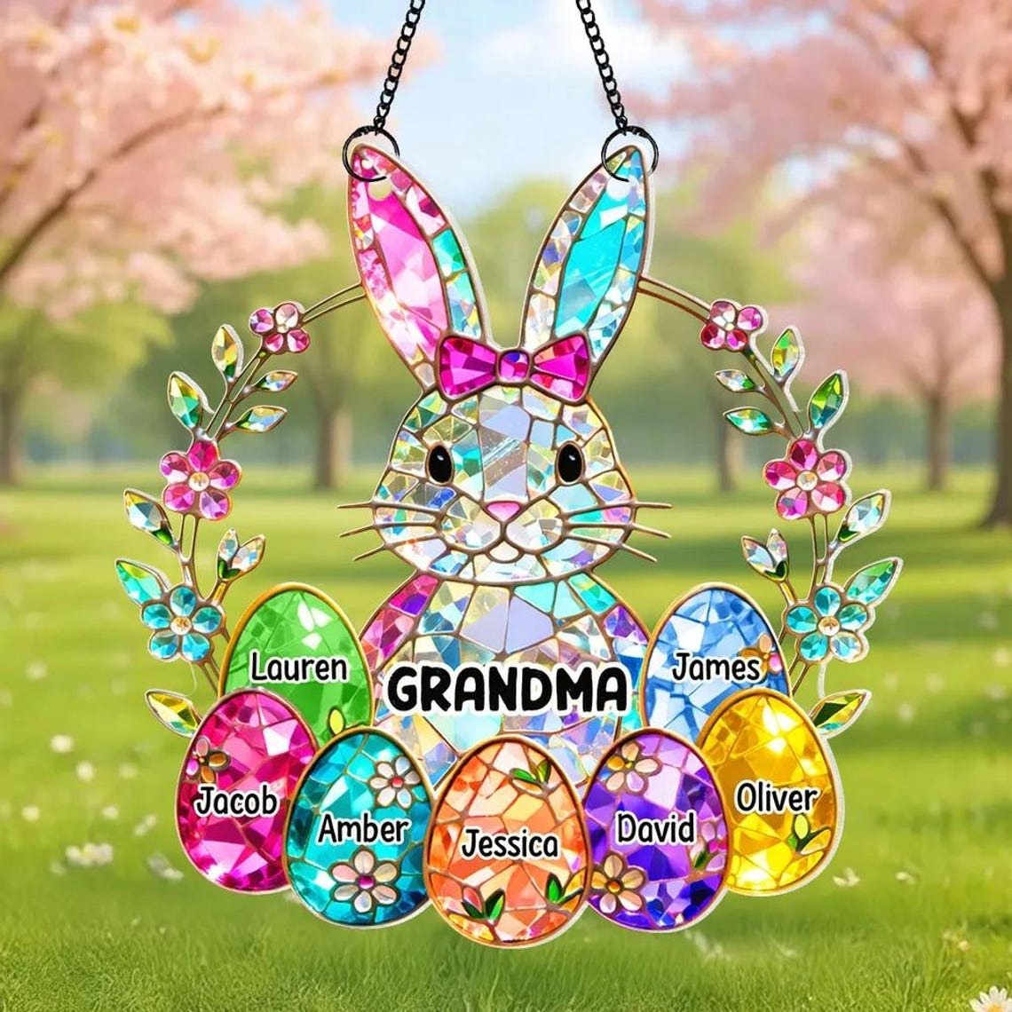 Bunny Grandma Easter Gift - Personalized Stained Glass Suncatcher Ornament - Easter Decor for Grandma