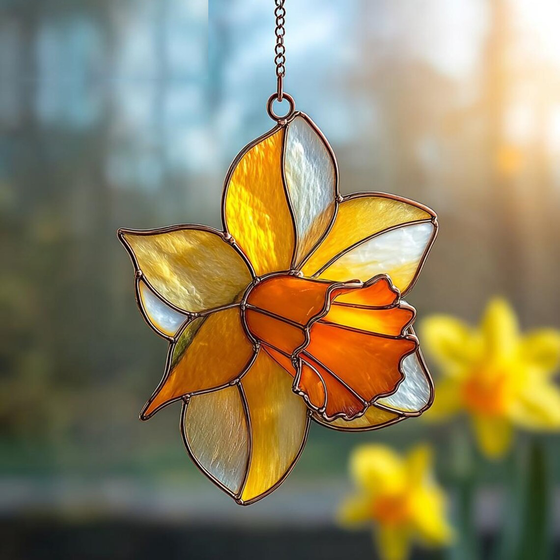 Daffodil Flower Stained Acrylic Suncatcher, Narcissus Stained Acrylic Decor, Spring Garden Ornament Gift for Flower Lovers, Holiday Decor