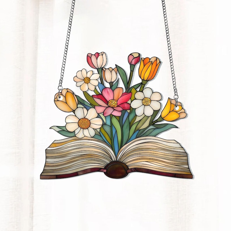 Flower Book Suncatcher, Floral Library Books Acrylic Window Hanging, Book Club Gift, Book Lover Gift, Librarian Gift, Book Exchange Gift