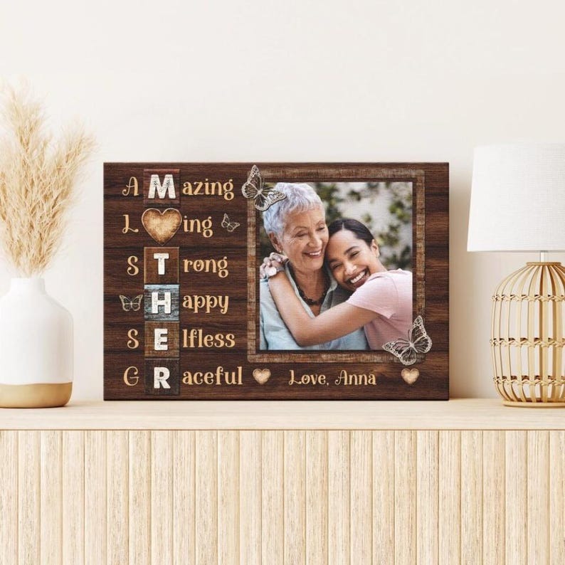 Personalized Mother's Day Photo Canvas: Rustic Wood Acrostic Poem Gift