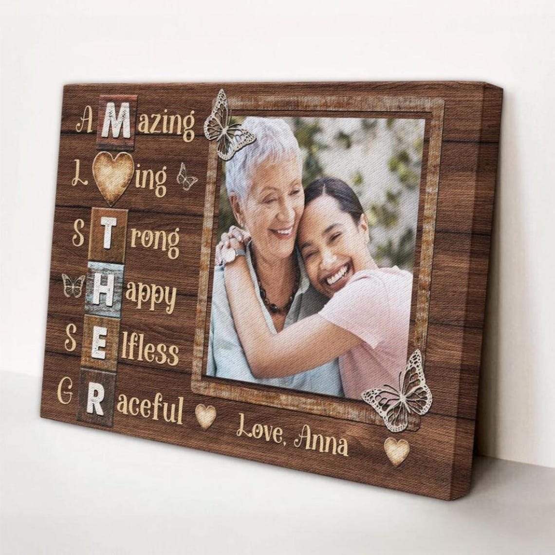 Personalized Mother's Day Photo Canvas: Rustic Wood Acrostic Poem Gift