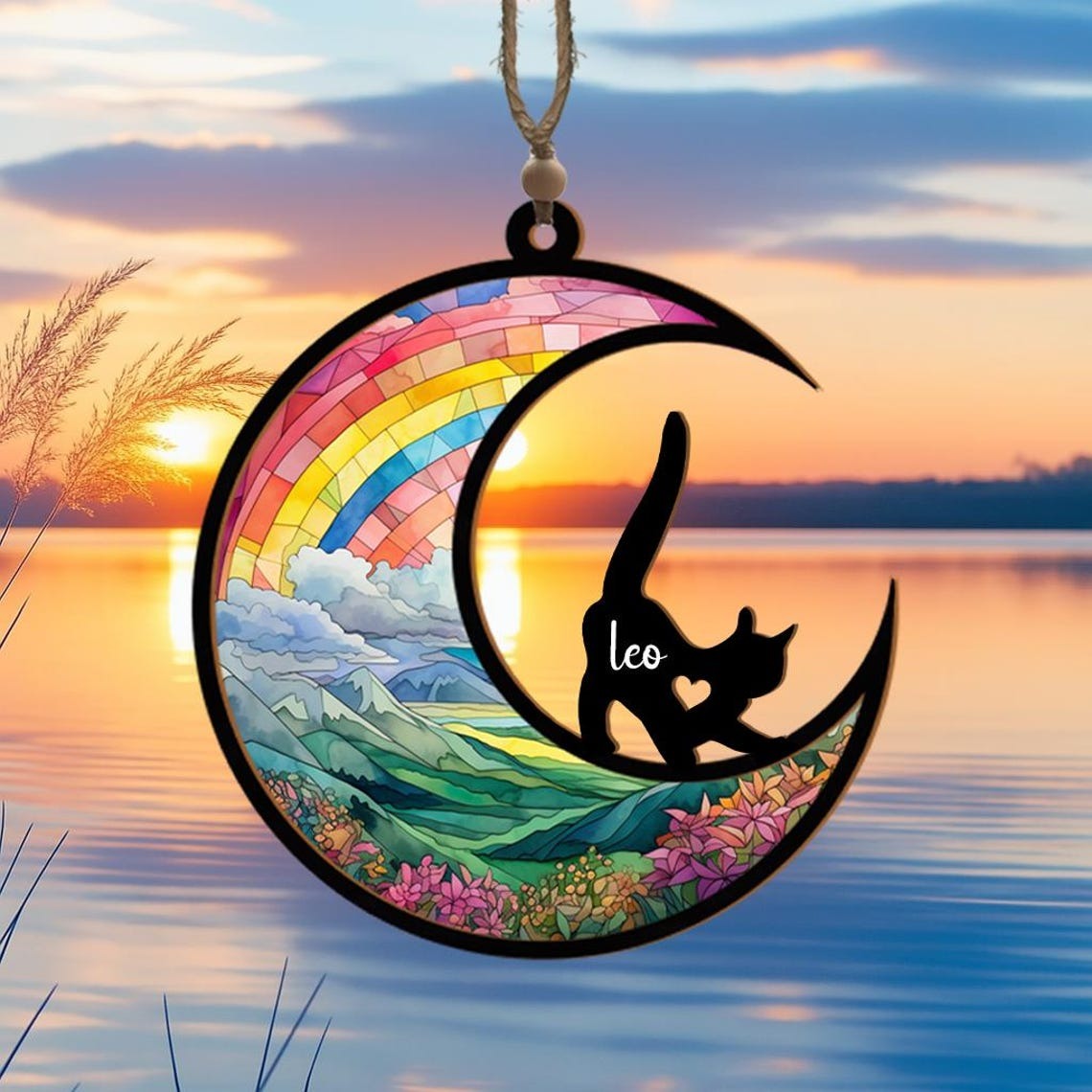Custom Dog Suncatcher, Moon & Sunset Pet Memorial Ornament