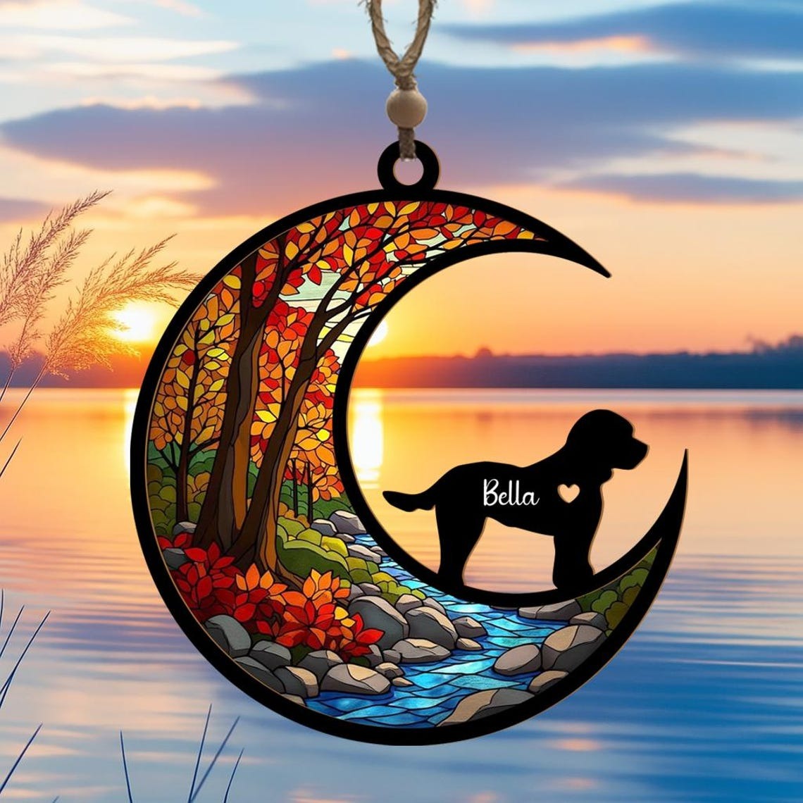 Custom Dog Suncatcher, Moon & Sunset Pet Memorial Ornament