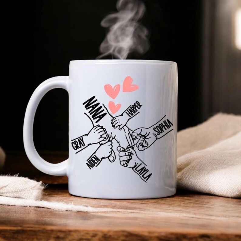 Personalized Holding Hands Mug – Custom Mom Coffee Mug with Kids Names, Mother's Day Gift for Mom, Grandma
