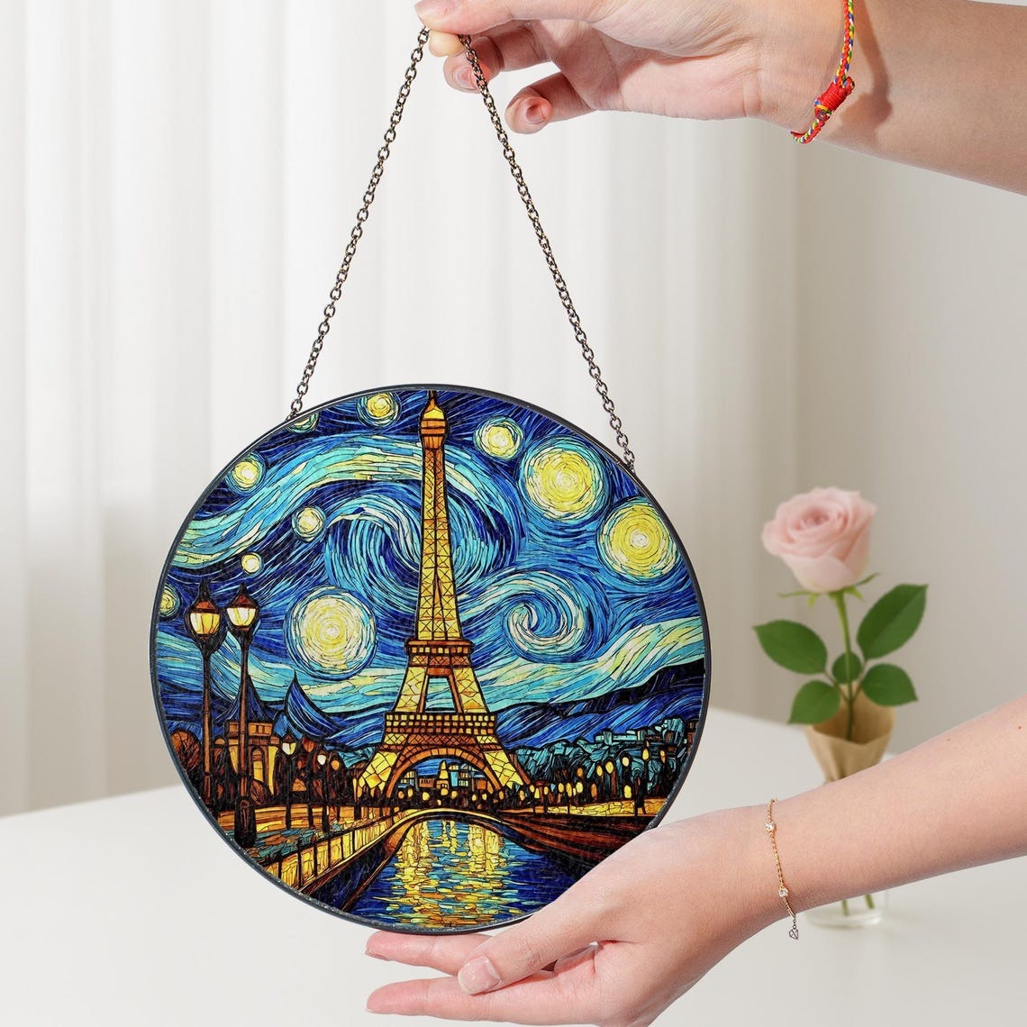 Eiffel Tower Stained Glass Suncatcher, Paris Starry Night Window Hanging Ornament, Romantic Travel Home Decor, Unique Gift For Art Lovers