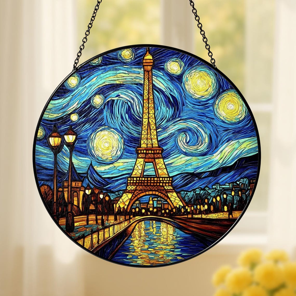 Eiffel Tower Stained Glass Suncatcher, Paris Starry Night Window Hanging Ornament, Romantic Travel Home Decor, Unique Gift For Art Lovers