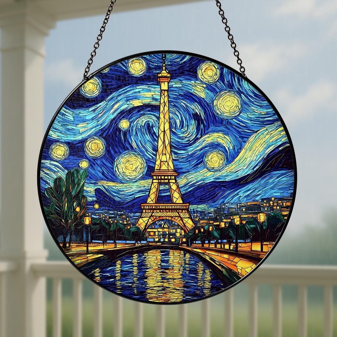 Eiffel Tower Stained Glass Suncatcher, Paris Starry Night Window Hanging Ornament, Romantic Travel Home Decor, Unique Gift For Art Lovers