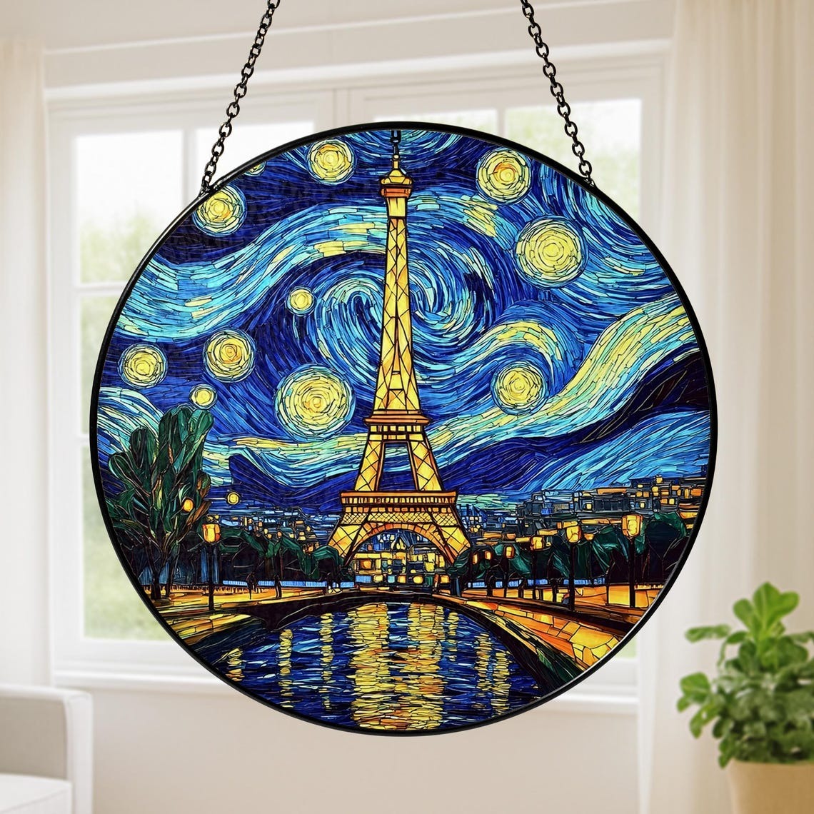 Eiffel Tower Stained Glass Suncatcher, Paris Starry Night Window Hanging Ornament, Romantic Travel Home Decor, Unique Gift For Art Lovers