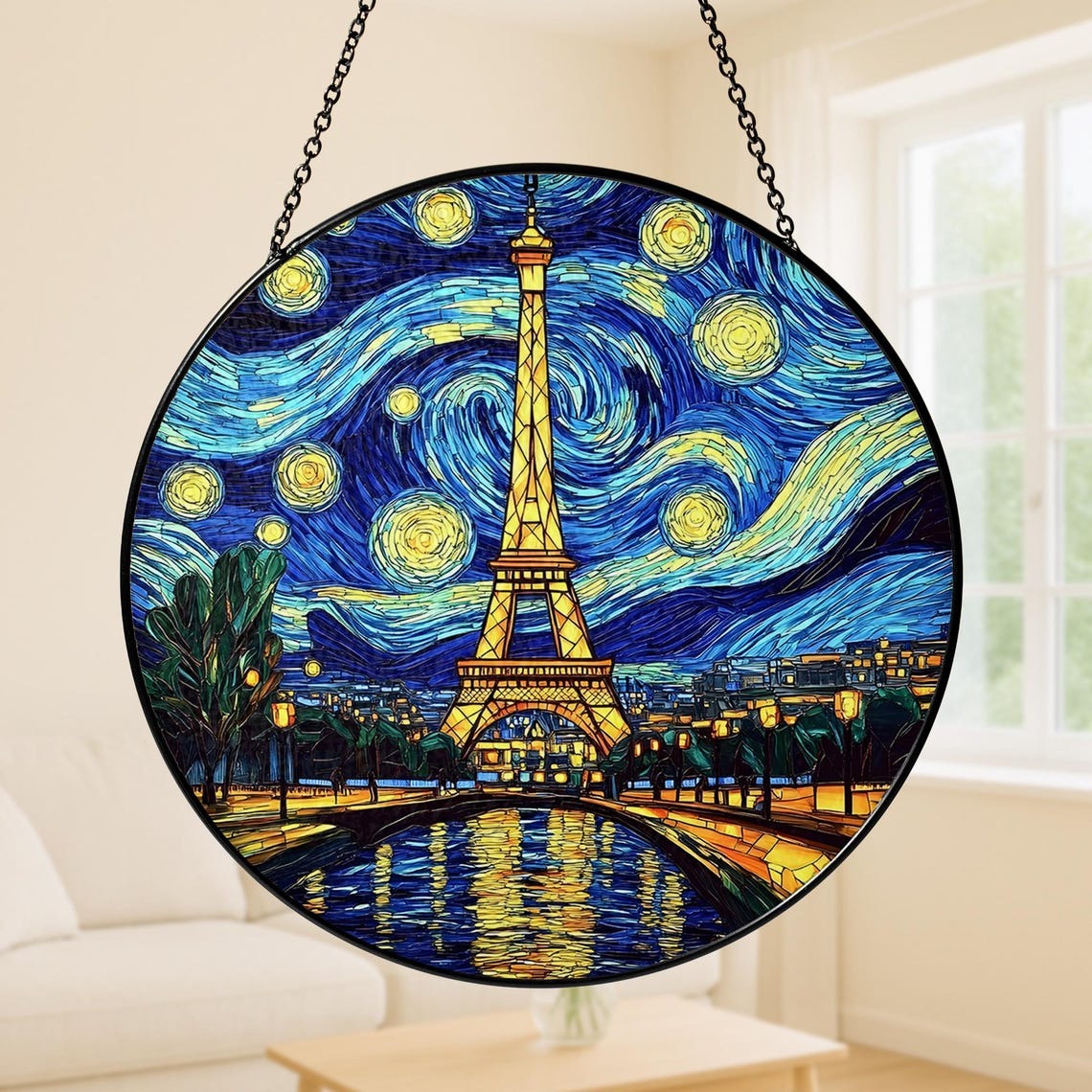 Eiffel Tower Stained Glass Suncatcher, Paris Starry Night Window Hanging Ornament, Romantic Travel Home Decor, Unique Gift For Art Lovers