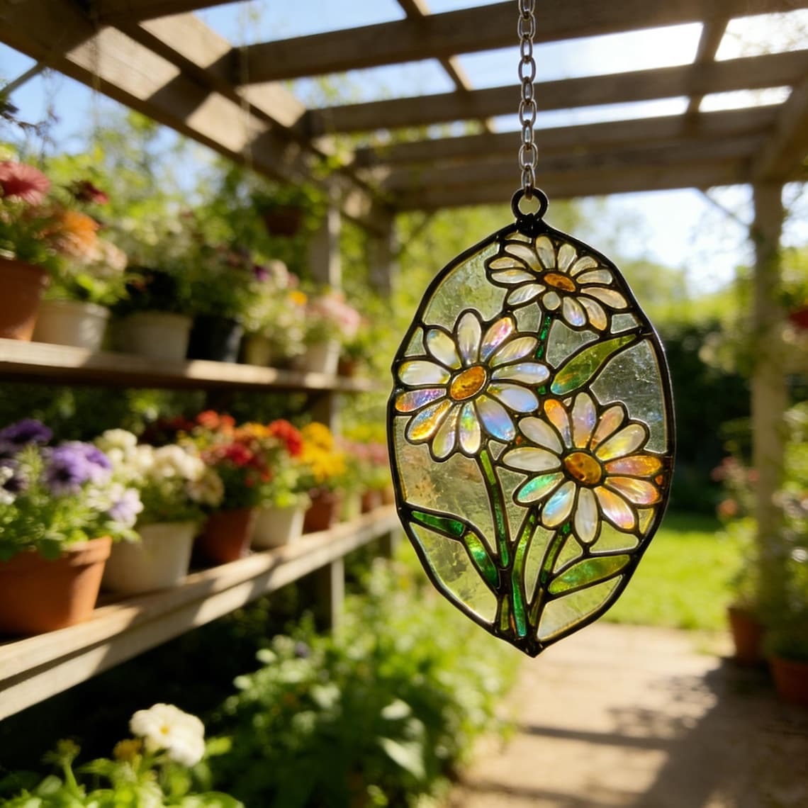 Handmade Daisy Stained Glass Suncatcher, Iridescent Floral Window Hanging, Cottagecore Spring Decor, Unique Gift for Her & Mom