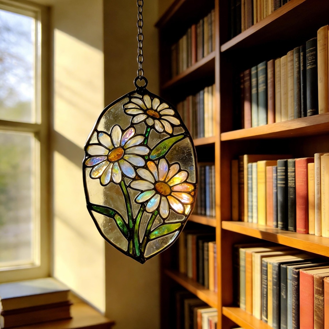 Handmade Daisy Stained Glass Suncatcher, Iridescent Floral Window Hanging, Cottagecore Spring Decor, Unique Gift for Her & Mom