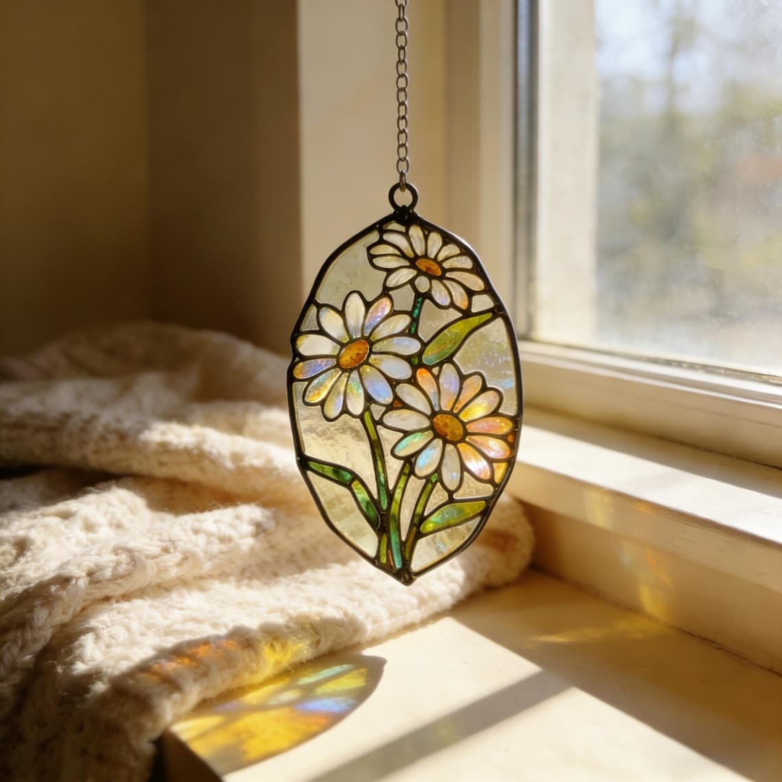Handmade Daisy Stained Glass Suncatcher, Iridescent Floral Window Hanging, Cottagecore Spring Decor, Unique Gift for Her & Mom