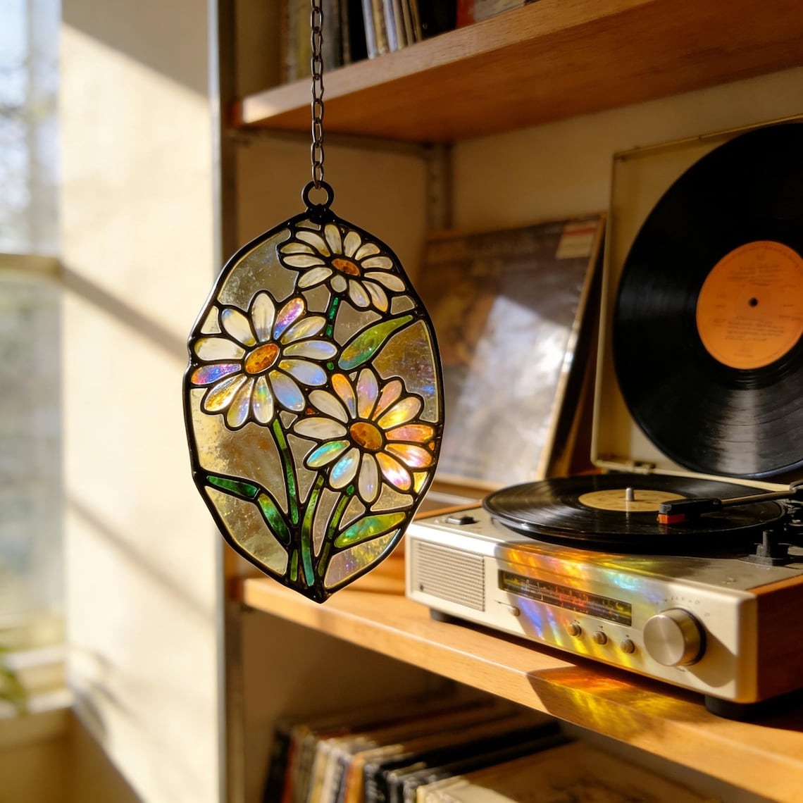 Handmade Daisy Stained Glass Suncatcher, Iridescent Floral Window Hanging, Cottagecore Spring Decor, Unique Gift for Her & Mom