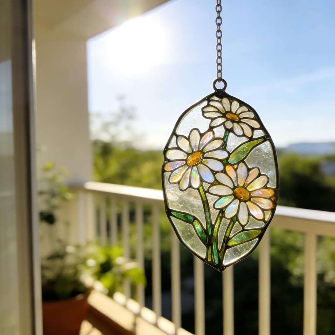 Handmade Daisy Stained Glass Suncatcher, Iridescent Floral Window Hanging, Cottagecore Spring Decor, Unique Gift for Her & Mom